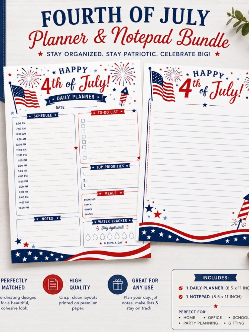 4th of July Planner & Notepad Bundle | Patriotic Daily Planner and Notepad
